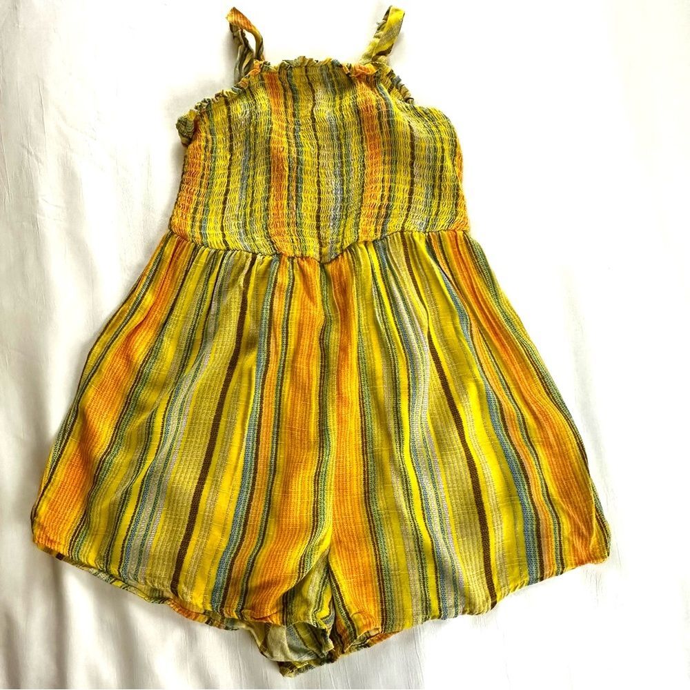 Art Class Girls Sz 7/8 Orange Yellow White One Piece Striped Romper Shorts